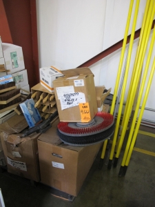 LOT TO INCLUDE: MOP HEADS, FOXTAIL BROOMS, (2 BOXES) ABSORBENT HOT DOGS, EXTENSION CORD W/ SPOOL, FIBERGLASS EXTENSION POLES. LOADING & HANDLING FEE $15-4122